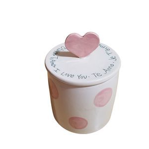Vintage Our Name is Mud Hand Painted Ceramic White Pink I Love You Cannister Jar